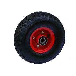 Roue complète GONFLABLE de manutention - 3.00-4 (260x85) TT 4PR - Jante acier rouge en 2 parties - ET0 - Moyeu roulements à billes Ø20x75 ( 6204 2RS ) - CA valve coudée 90/90