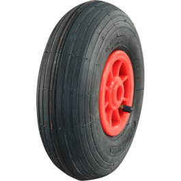ROUE COMPLÈTE GONFLABLE - 2.50-4 TT 4PR 39A2 / JTE PLASTIQUE ROUGE MOYEU ROUL. à ROULEAUX Ø20x60 / DELI S-379 / VALVE COUDÉE 90/90