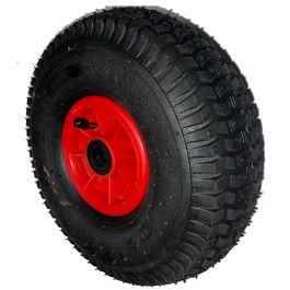 ROUE COMPLÈTE GONFLABLE GAZON - 4.10/3.50-4 TT 4PR / JANTE PLASTIQUE ROUGE MOYEU ROULEMENT à ROULEAUX Ø20x75 ET0