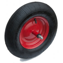 ROUE COMPLÈTE GONFLABLE DE BROUETTE - 4.00-8 TT 2PR / JANTE ACIER ROUGE MOYEU BAGUE NYLON Ø12x150 + AXE M12x200 / VALVE TR413