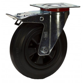 ROULETTE PIVOTANTE FREINÉE Ø160x40 EN BANDAGE CAOUTCHOUC PLEIN NOIR STANDARD à MOYEU ROULEMENT à ROULEAUX - PLATINE 4 TROUS 105x80
