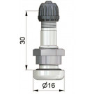 Valve droite de 30 mm en alliage légé - pour trou de jante de 9,7 mm - Presssion maxi à froid de 4,5 bars - Couple de serrage ecrou de 10 à 12 N.m.